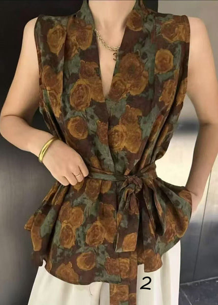 Spandex Unique Tie Waist Sleeveless Vest Print FashionChic