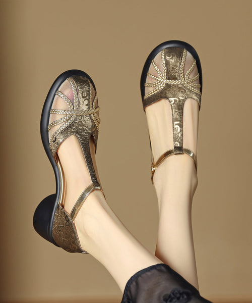 Splicing Sandals Leather Chunky Cowhide Tulle Unique Coffee FashionChic