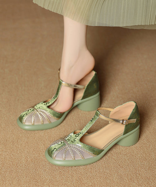 Splicing Sandals Leather Chunky Cowhide Tulle Unique Coffee FashionChic