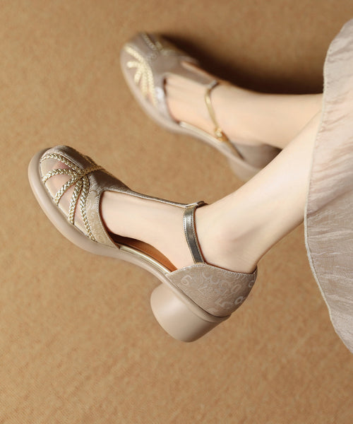 Splicing Sandals Leather Chunky Cowhide Tulle Unique Coffee FashionChic