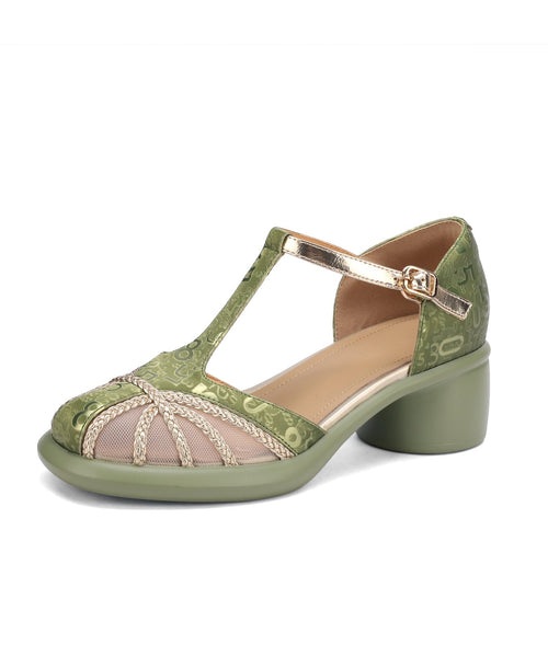 Splicing Sandals Leather Chunky Cowhide Tulle Unique Coffee FashionChic