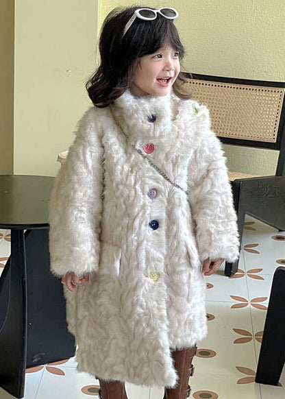 Unique White Asymmetrical Patchwork Girls Faux Fur Coat WinterTG020