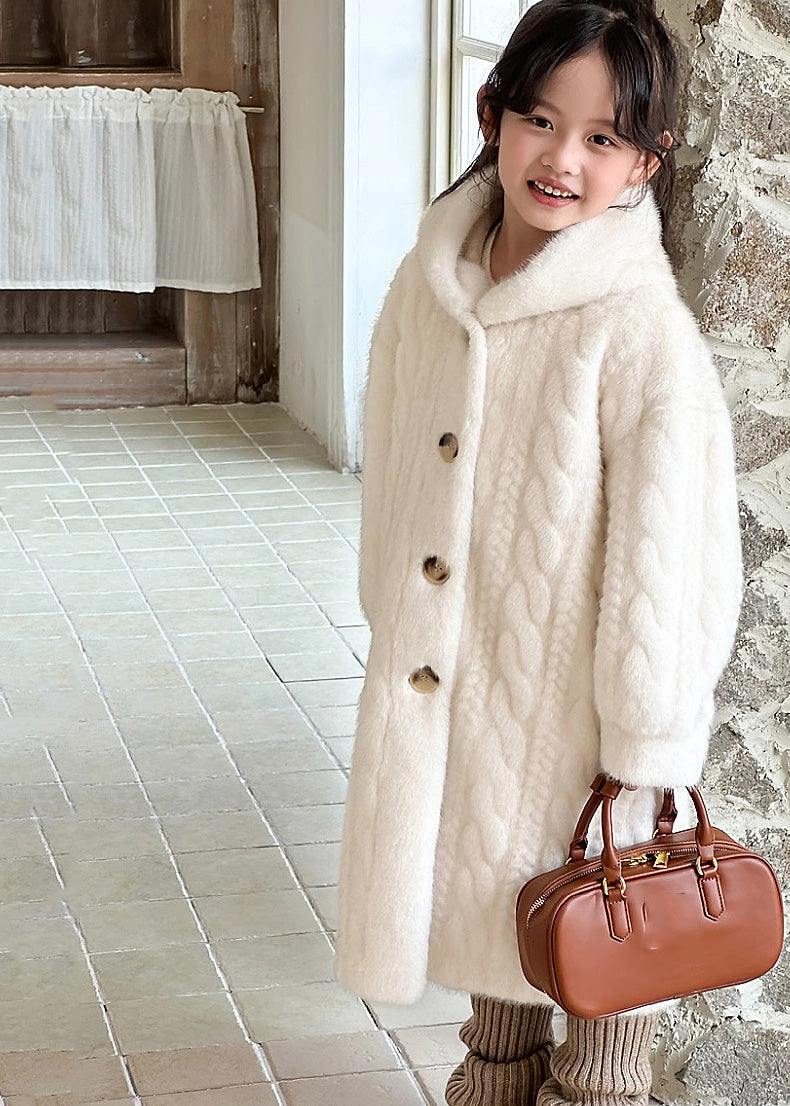 Unique White Button Kids Mink Velvet Maxi Hooded Coat Winter TG017