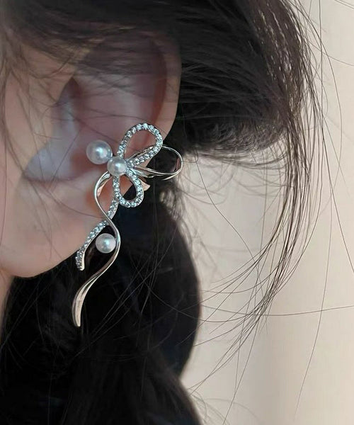 Unique White Copper Zircon Pearl Bow Stud Earrings YU015 ABC