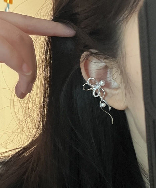 Unique White Copper Zircon Pearl Bow Stud Earrings YU015 ABC