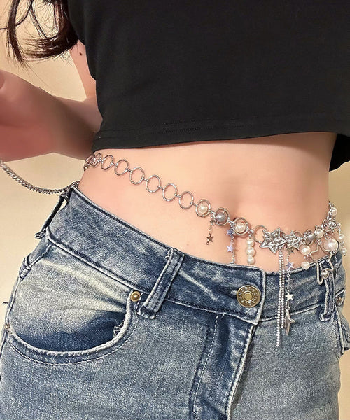 Unique White Metal Pearl Star Tassel Waist Chain PO064 JEW-BCH240729