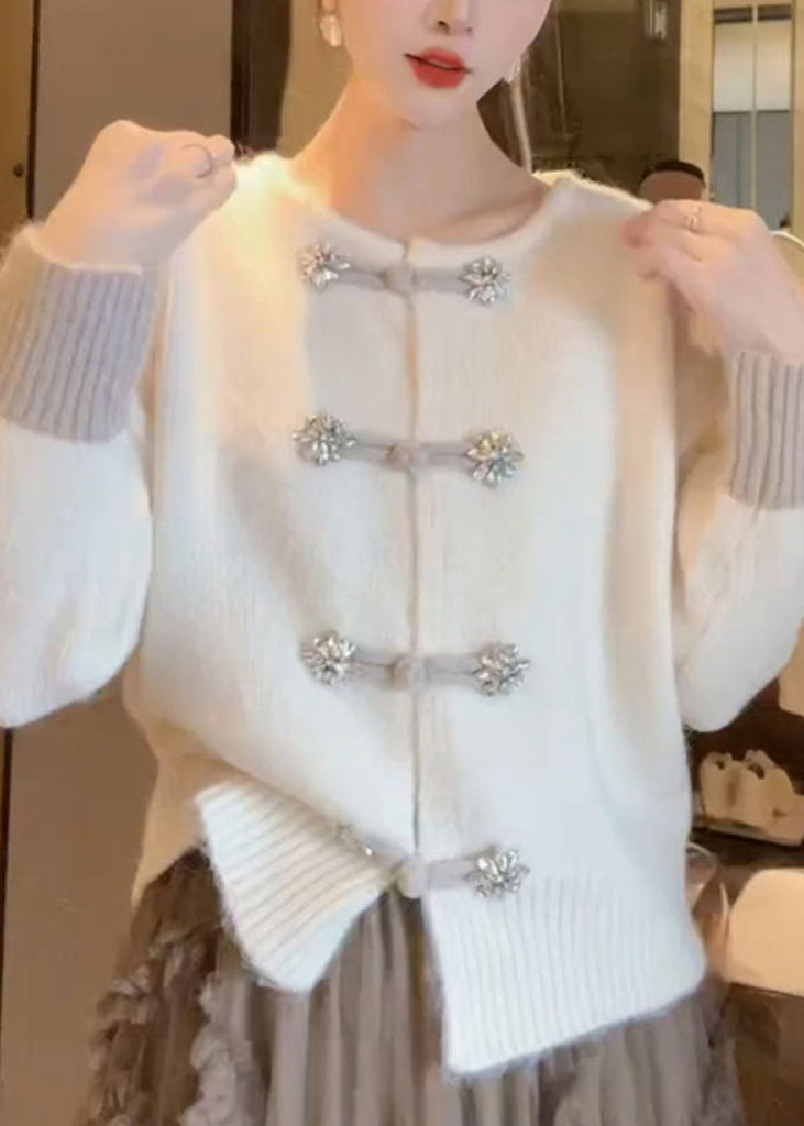 Unique White O Neck Chinese Button Knit Cardigan Fall WE015 HS-NCT241028