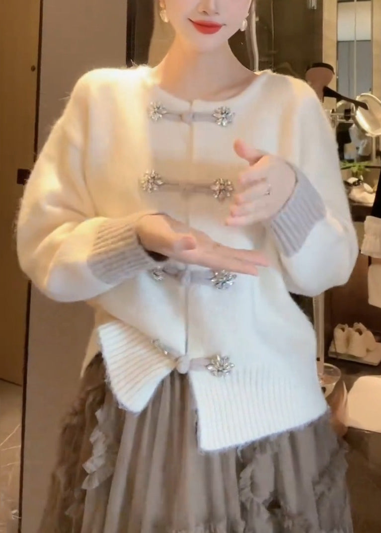 Unique White O Neck Chinese Button Knit Cardigan Fall WE015 HS-NCT241028