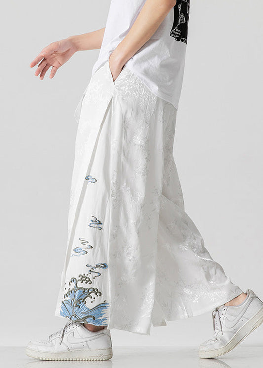 Unique White Oriental Embroideried Pockets Silk Mens Pants Summer YT056 Men-Silk-MENCP240721