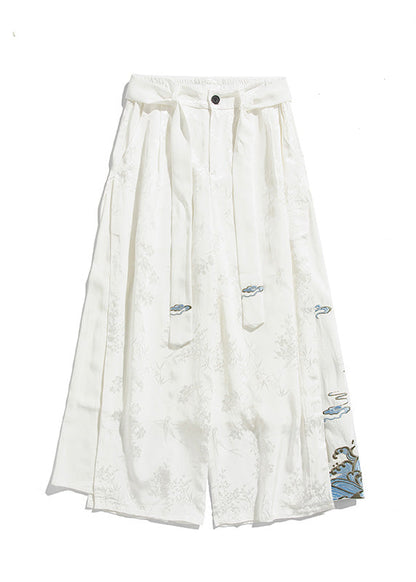 Unique White Oriental Embroideried Pockets Silk Mens Pants Summer YT056 Men-Silk-MENCP240721