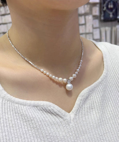 Unique White Pearl Zircon Broken Silver Pendant Necklace ZZ003 JEW-NLC240613