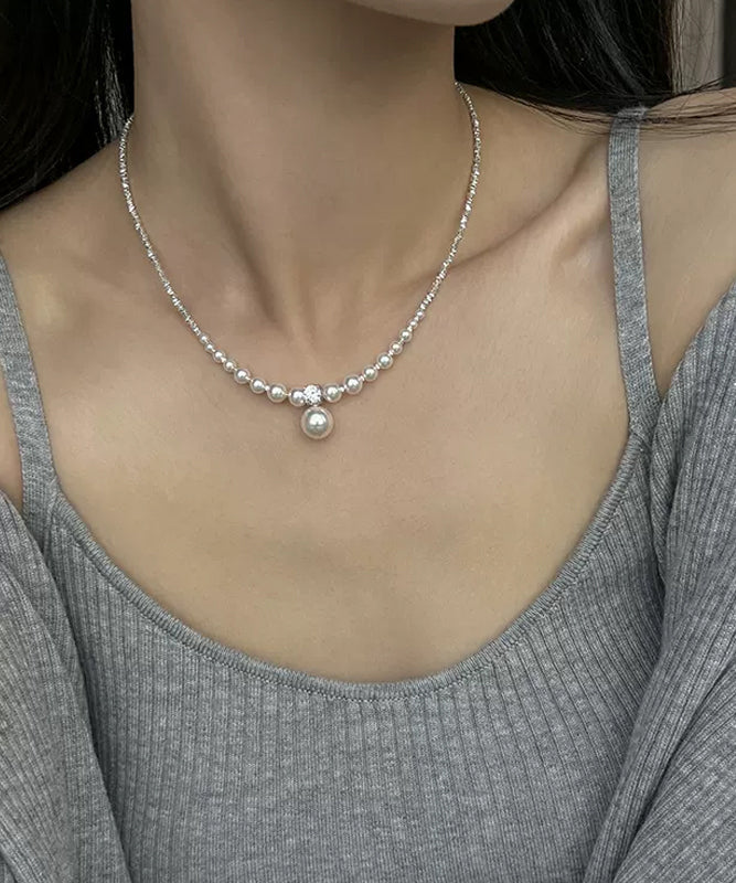 Unique White Pearl Zircon Broken Silver Pendant Necklace ZZ003 JEW-NLC240613