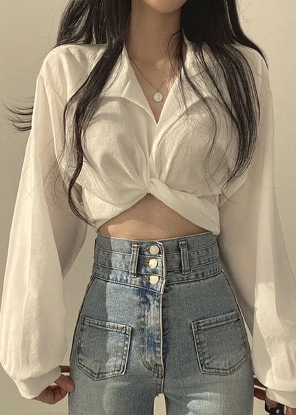 Collar Solid Lantern Peter Sleeve Shirts Pan Unique White FashionChic