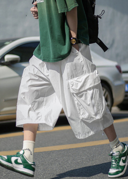 Unique White Pockets Patchwork Elastic Waist Men Wide Leg Pants YT013 Men-Silk-MENCP240721