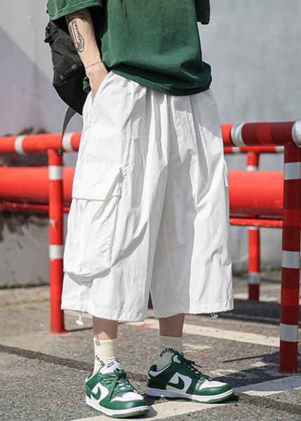 Unique White Pockets Patchwork Elastic Waist Men Wide Leg Pants YT013 Men-Silk-MENCP240721