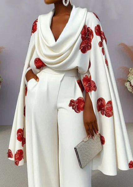 Unique White Neck Tops Turtle Cloak Sleeves Print Cotton FashionChic