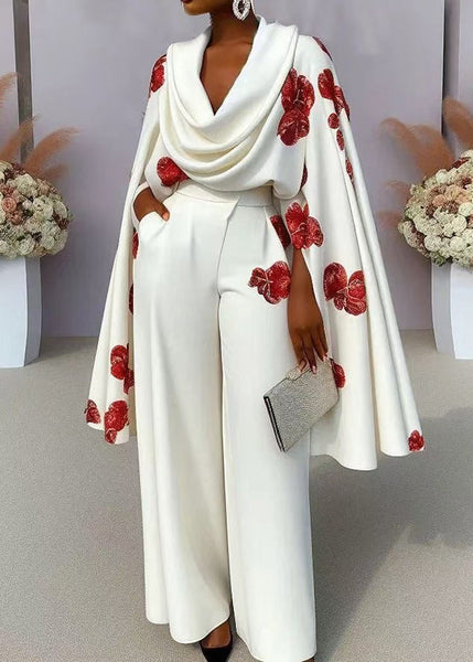 Unique White Neck Tops Turtle Cloak Sleeves Print Cotton FashionChic