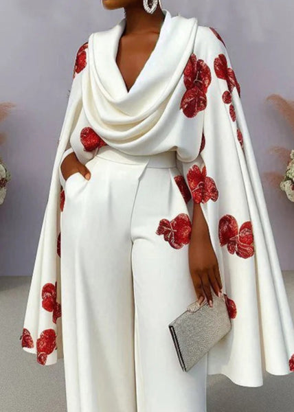 Unique White Neck Tops Turtle Cloak Sleeves Print Cotton FashionChic