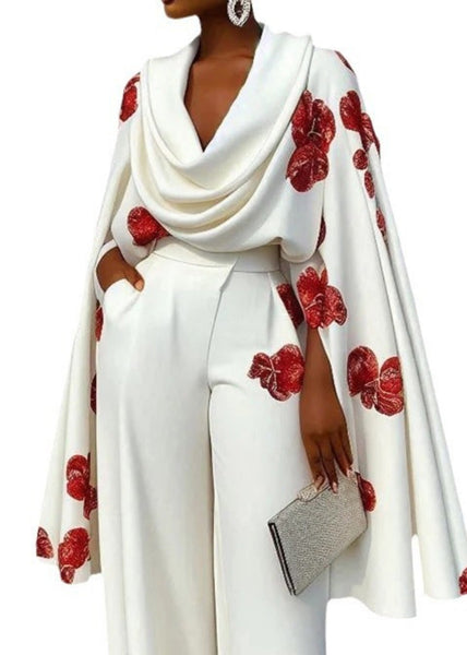 Unique White Neck Tops Turtle Cloak Sleeves Print Cotton FashionChic