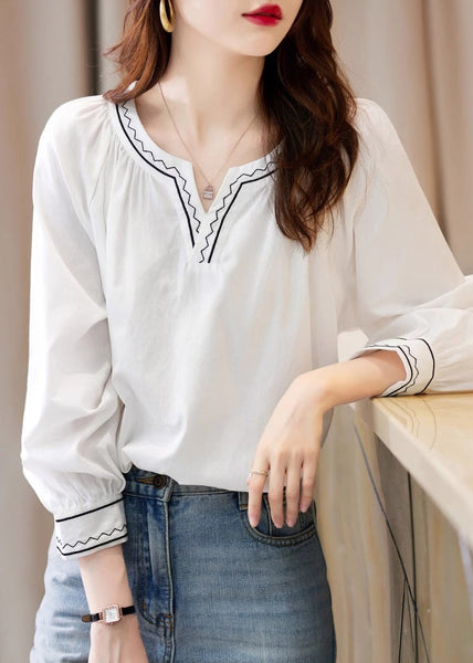 Unique White V Neck Embroidered Patchwork Shirts Fall WW057 OL-LTP240812