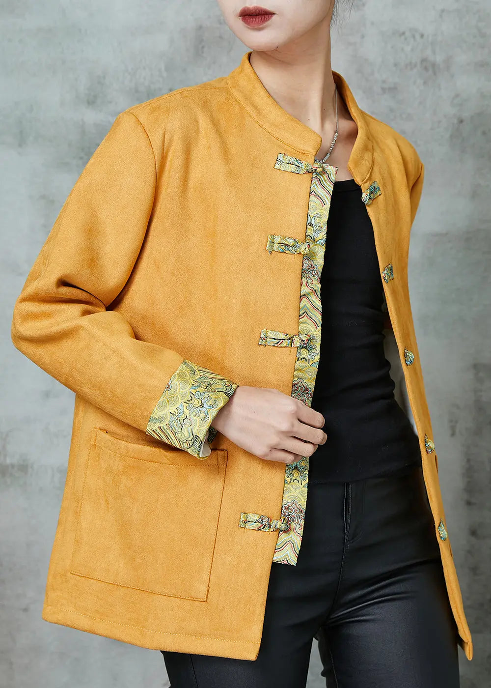 Unique Yellow Pockets Faux Suede Chinese Style Jackets Spring Ada Fashion