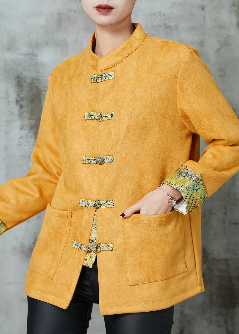 Unique Yellow Pockets Faux Suede Chinese Style Jackets Spring Ada Fashion