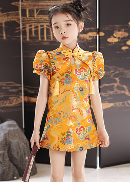 Mid Dresses Unique Yellow Stand Print Summer Girls Baby Collar FashionChic