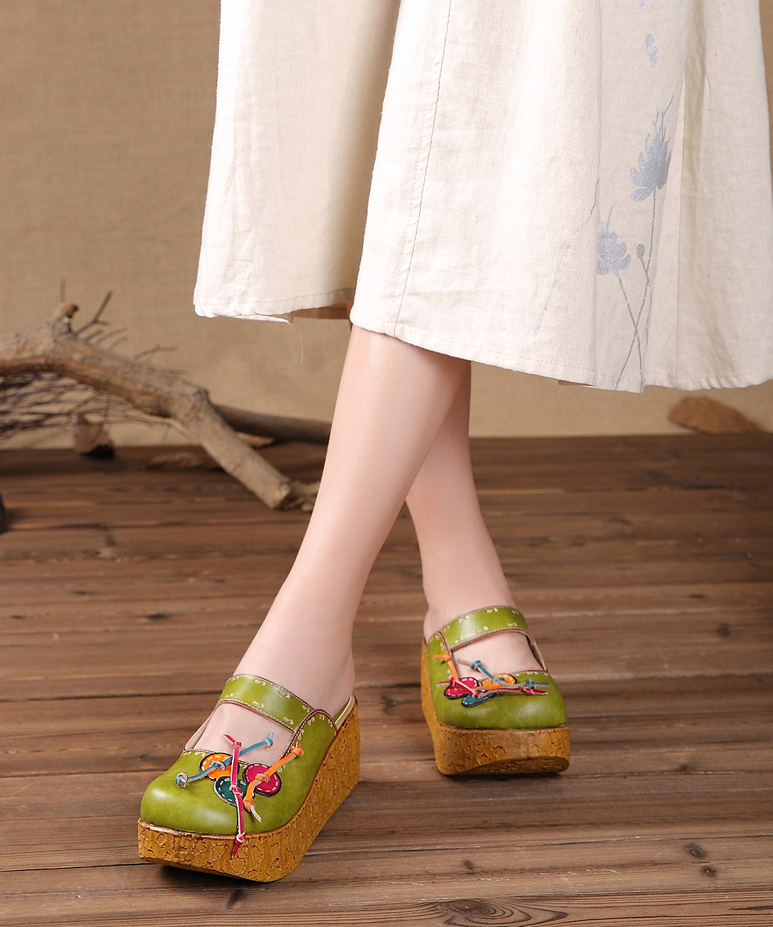 Unique Yellow Stripe Cowhide Leather Splicing Wedge Slide Sandals SL1029 Ada Fashion