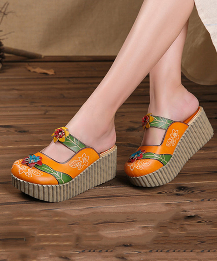 Unique Yellow Stripe Cowhide Leather Splicing Wedge Slide Sandals SL1029 Ada Fashion