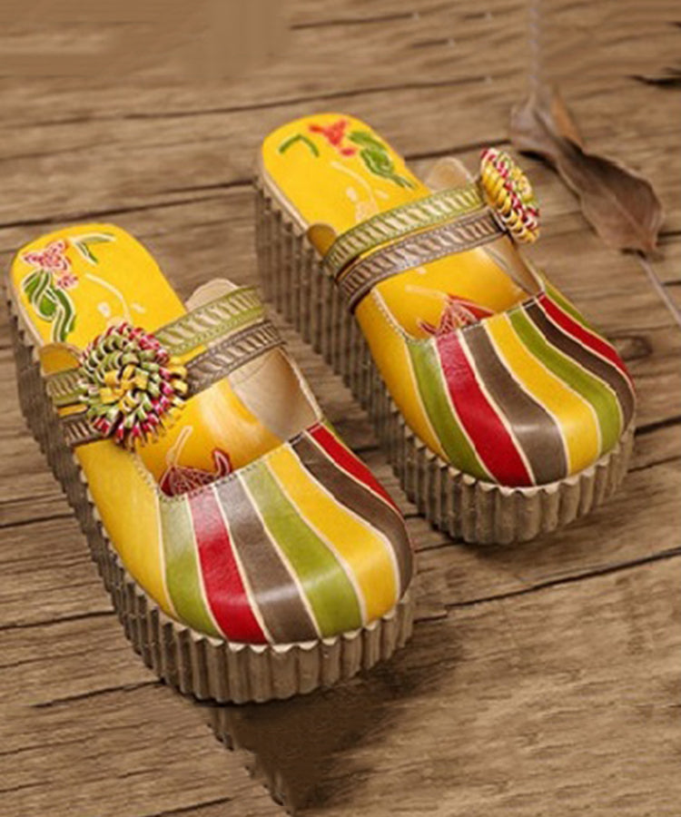 Unique Yellow Stripe Cowhide Leather Splicing Wedge Slide Sandals SL1029 Ada Fashion