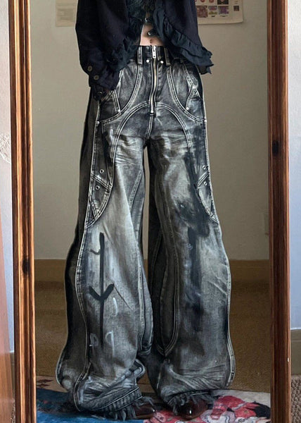 Unique Zip Up Pockets Original Design Neutral Denim Pants Fall UY058 NZ-LPTS240805