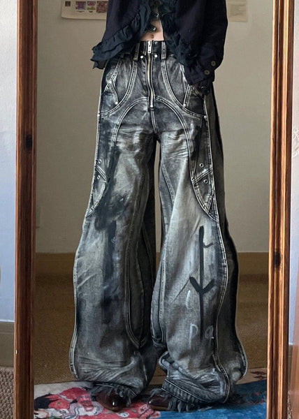 Unique Zip Up Pockets Original Design Neutral Denim Pants Fall UY058 NZ-LPTS240805