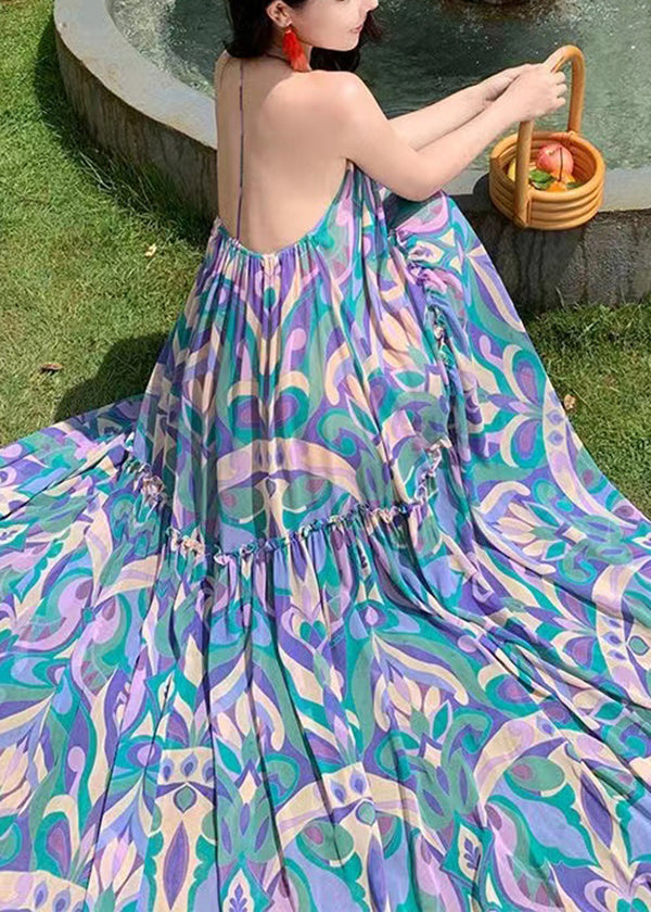 Vacation Style Blue Print Backless Large Hem Long Dress Summer EE1021 SH-LF-SDL240517