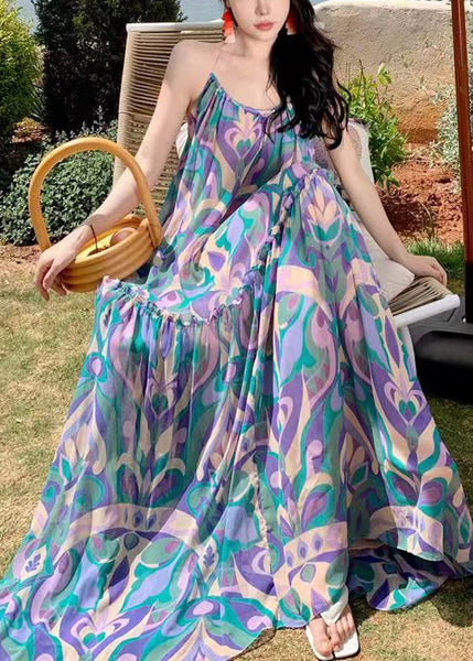 Vacation Style Blue Print Backless Large Hem Long Dress Summer EE1021 SH-LF-SDL240517