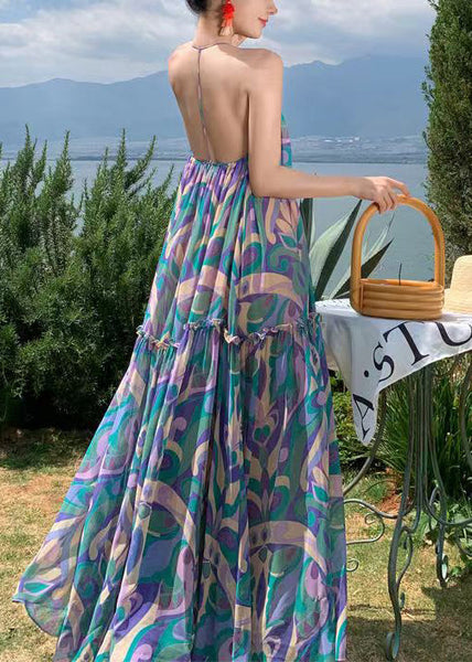 Vacation Style Blue Print Backless Large Hem Long Dress Summer EE1021 SH-LF-SDL240517
