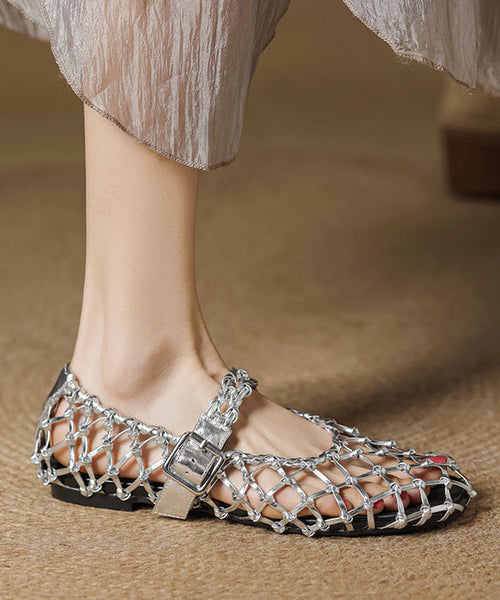 Out Woven Hollow Flat Silver Sandals Vacation Breathable Style FashionChic