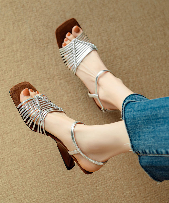 Vacation Style Silver Square Toe Woven Heterotypic High Heels Sandals OI053 shoe-LX240801