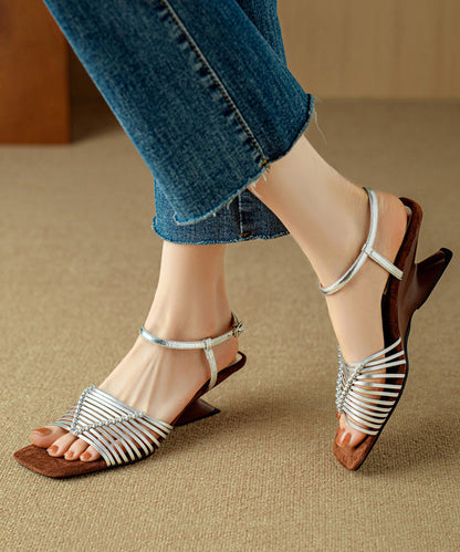 Vacation Style Silver Square Toe Woven Heterotypic High Heels Sandals OI053 shoe-LX240801