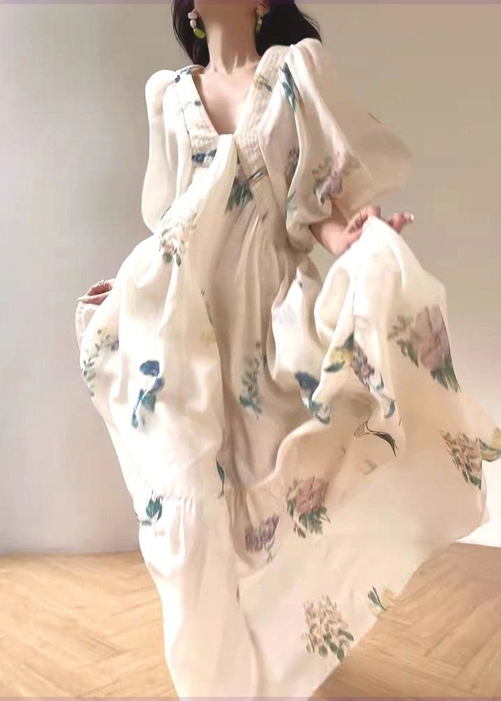 Vacation Style White Print Bubble Sleeved Cotton Dress XX089 SH-LF-SDL240611