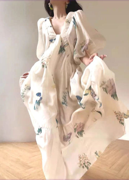 Vacation Style White Print Bubble Sleeved Cotton Dress XX089 SH-LF-SDL240611