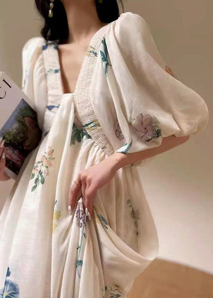 Vacation Style White Print Bubble Sleeved Cotton Dress XX089 SH-LF-SDL240611