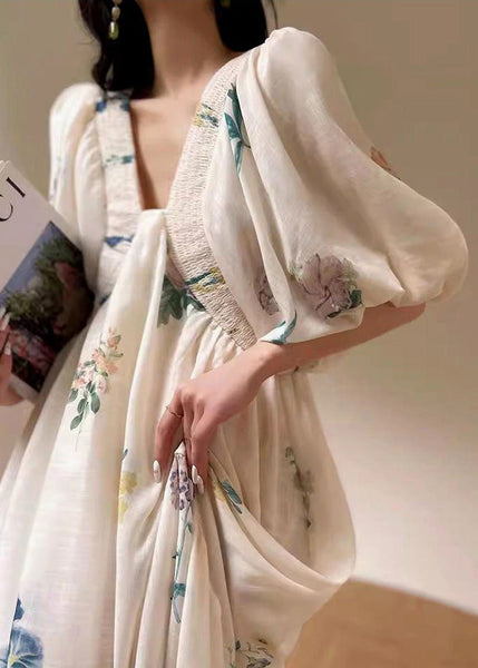 Vacation Style White Print Bubble Sleeved Cotton Dress XX089 SH-LF-SDL240611