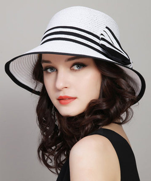 Versatile White Bow Beach Straw Woven Sun Hat Foldable II049 hat-HAT240825