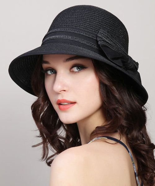 Versatile White Bow Beach Straw Woven Sun Hat Foldable II049 hat-HAT240825