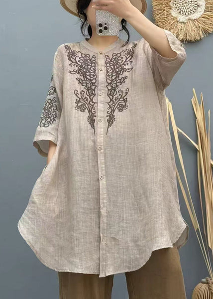 Summer Shirt Linen Apricot Embroidered Vintage Long FashionChic