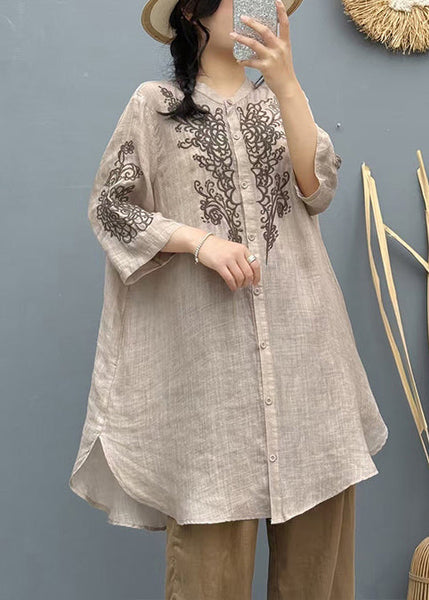 Summer Shirt Linen Apricot Embroidered Vintage Long FashionChic