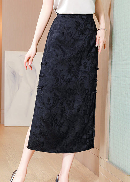 Vintage Apricot Jacquard Chinese Button Side Open Silk Skirts Spring QQ1004 Ada Fashion