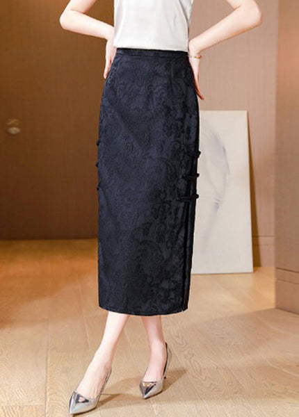 Vintage Apricot Jacquard Chinese Button Side Open Silk Skirts Spring QQ1004 Ada Fashion