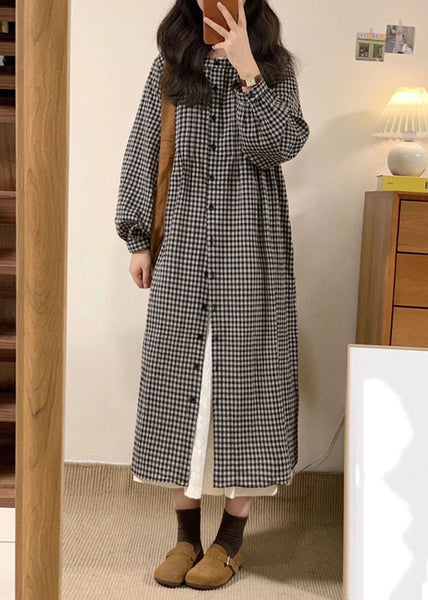 Vintage Apricot Plaid O-Neck Button Long Shirts Dresses Spring VB1058 Ada Fashion