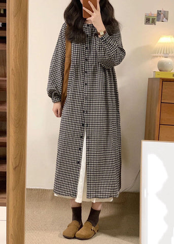 Vintage Apricot Plaid O-Neck Button Long Shirts Dresses Spring VB1058 Ada Fashion